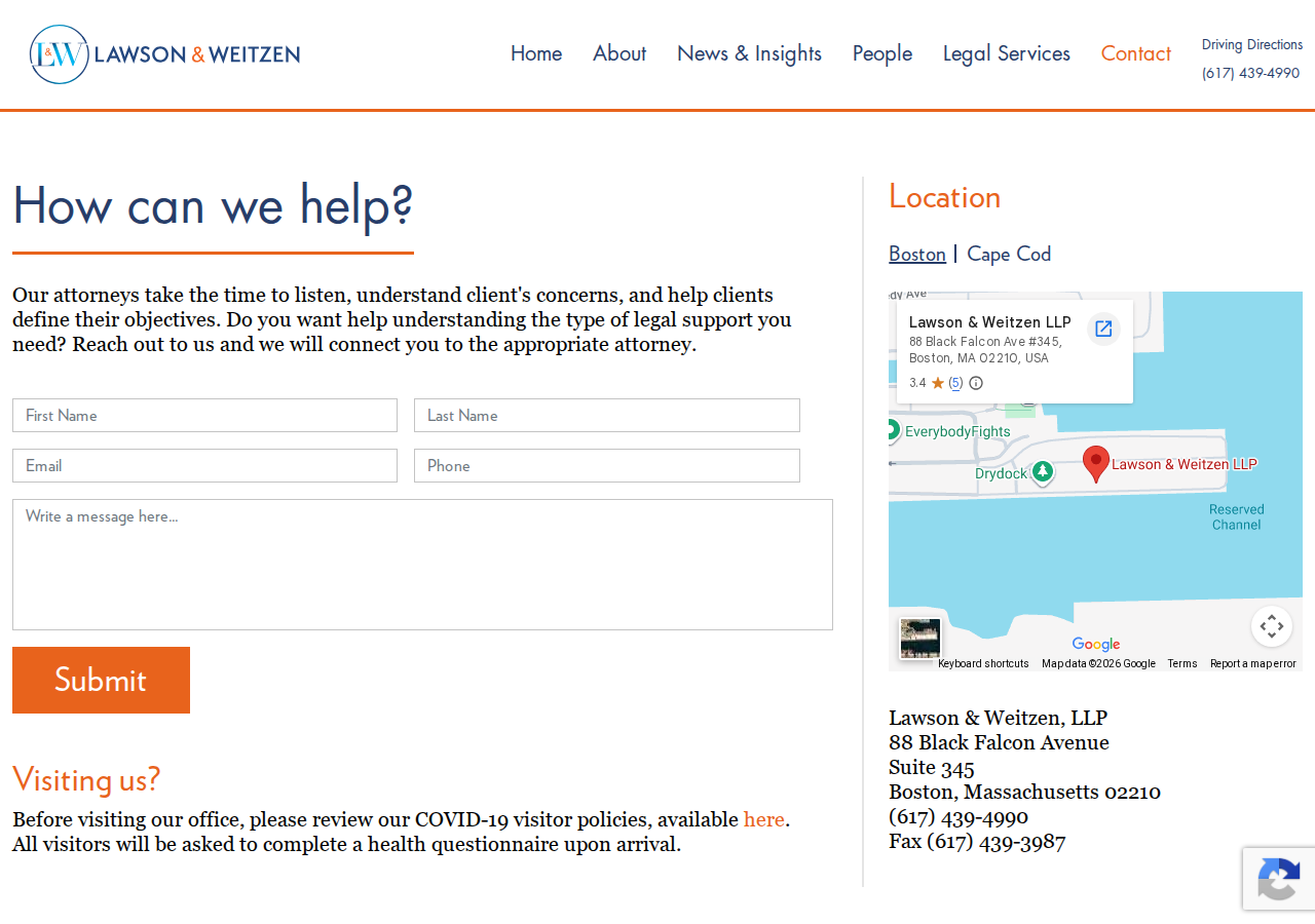 Screenshot of Contact | Lawson & Weitzen, LLP