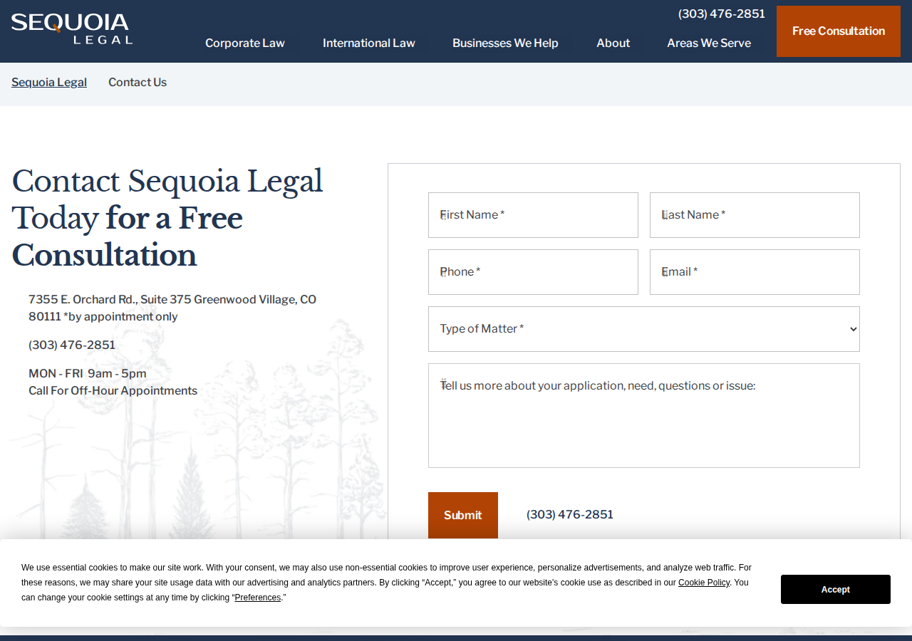 Screenshot of Contact Us | Business Law Attorney In Colorado | Sequoia Legal