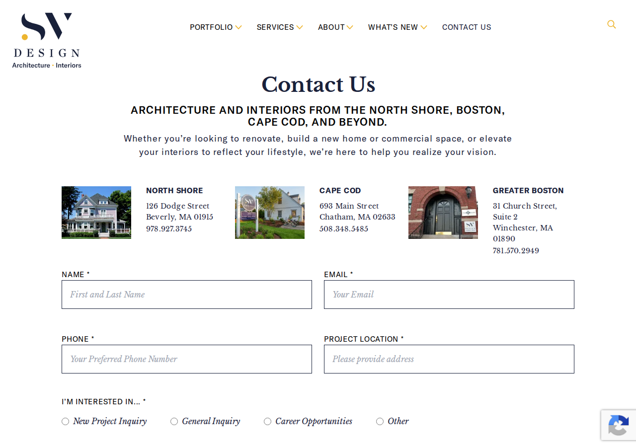 Screenshot of SV Design | Beverly & Chatham Architect & Interior Design Contact