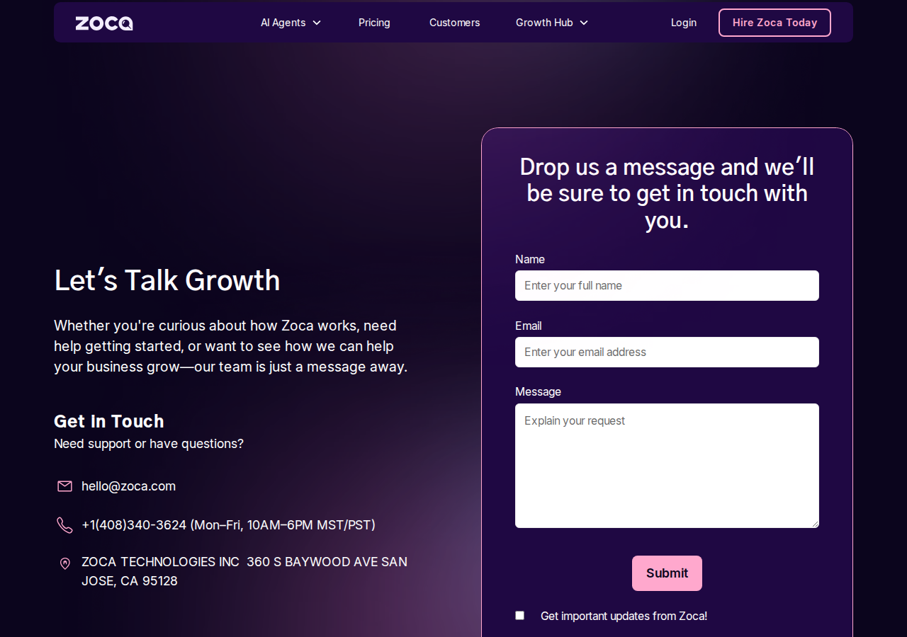 Screenshot of Contact Zoca | Get in Touch