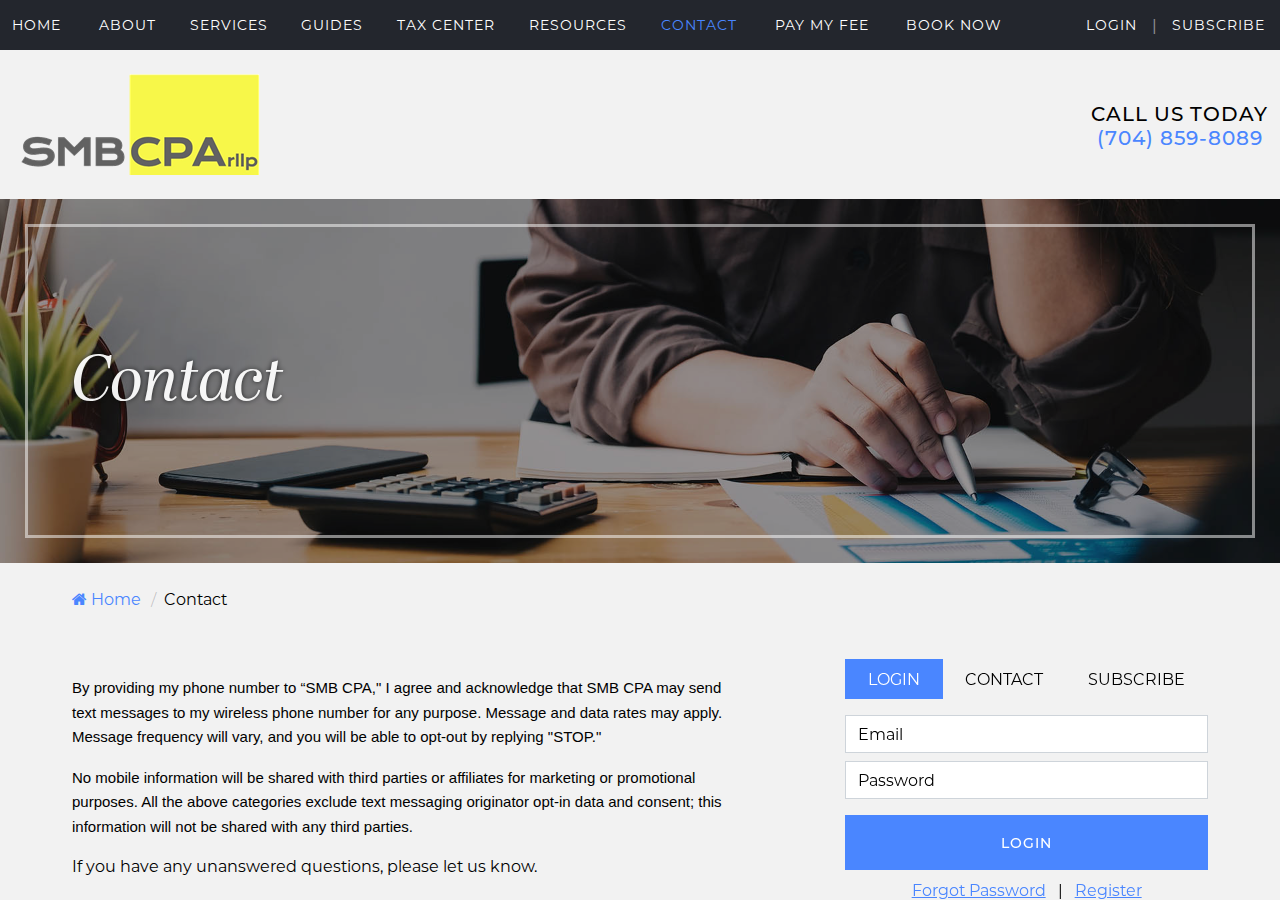 Screenshot of Charlotte, NC A Certified Public Accounting Firm Firm | Contact Page | SMB CPA