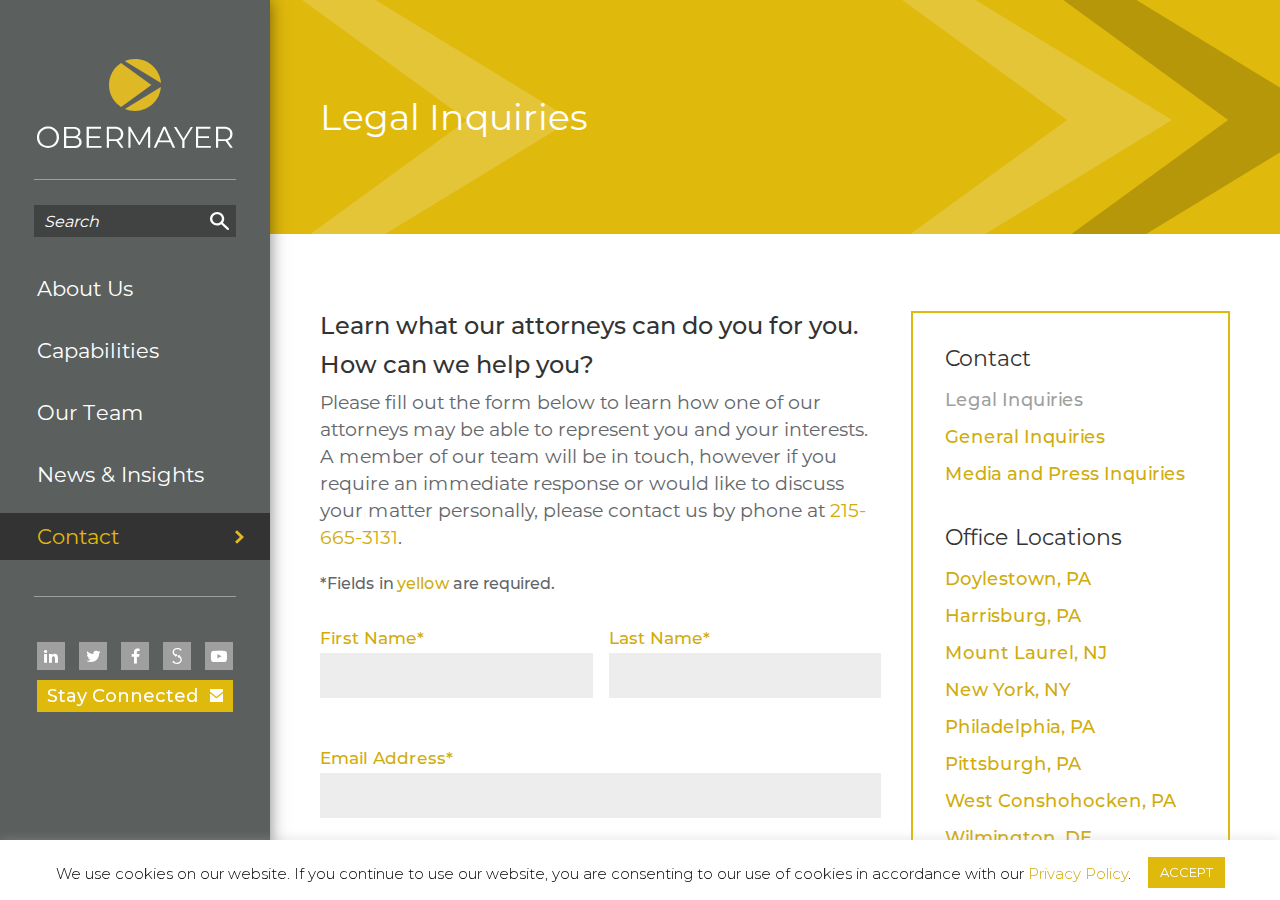Screenshot of Legal Inquiries - Obermayer Rebmann Maxwell & Hippel LLP