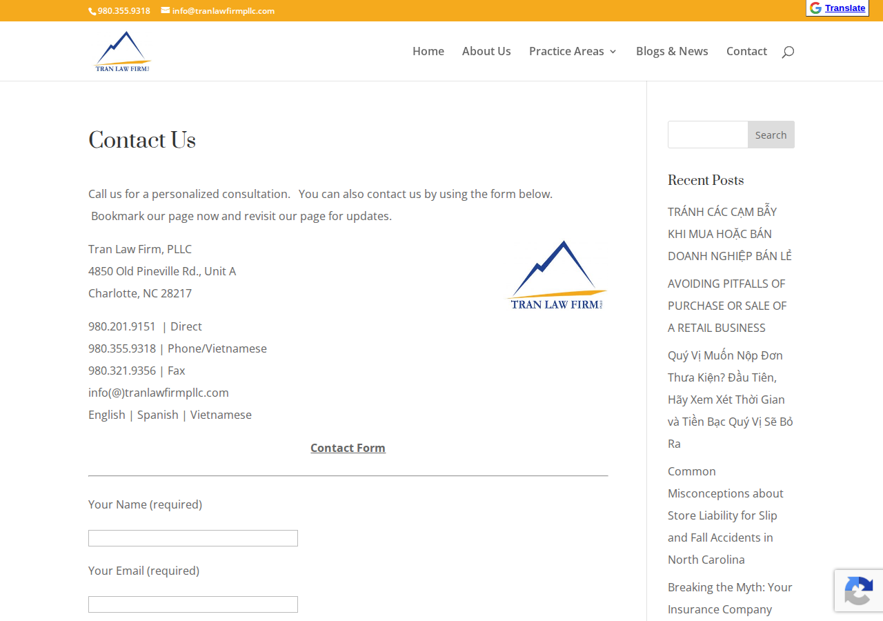 Screenshot of Contact Us Today - Tran Law Firm, PLLC