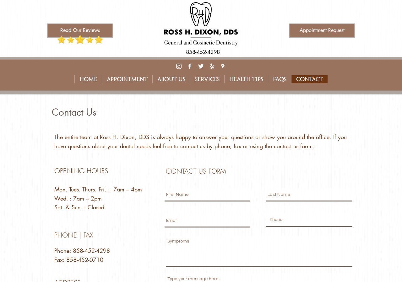 Screenshot of Contact Us | Ross H. Dixon, DDS | Cosmetic Dentist San Diego | Dental