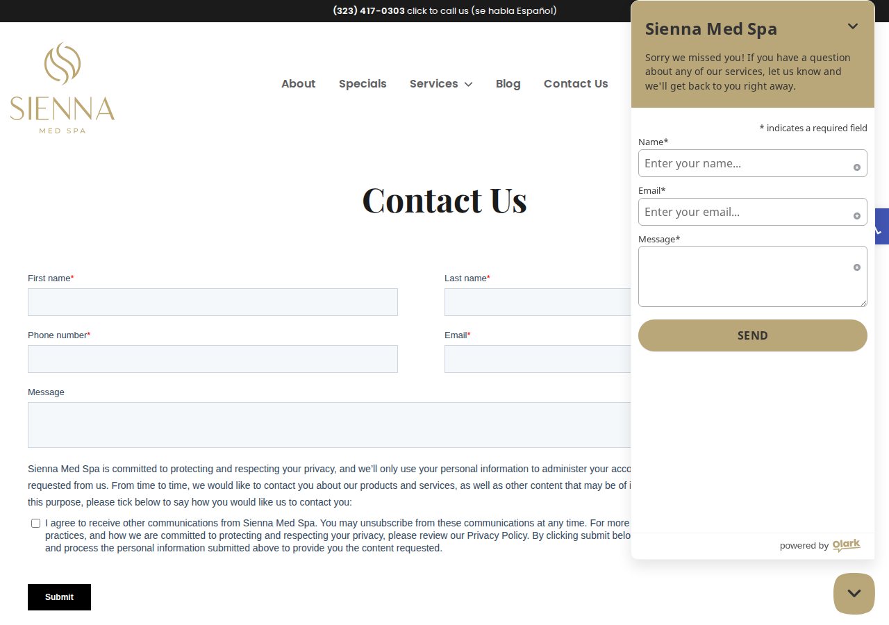 Screenshot of Contact Us - Sienna Med SpaAccessibility ToolsIncrease TextDecrease TextGrayscaleHigh ContrastNegative ContrastLight BackgroundLinks UnderlineReadable FontReset
