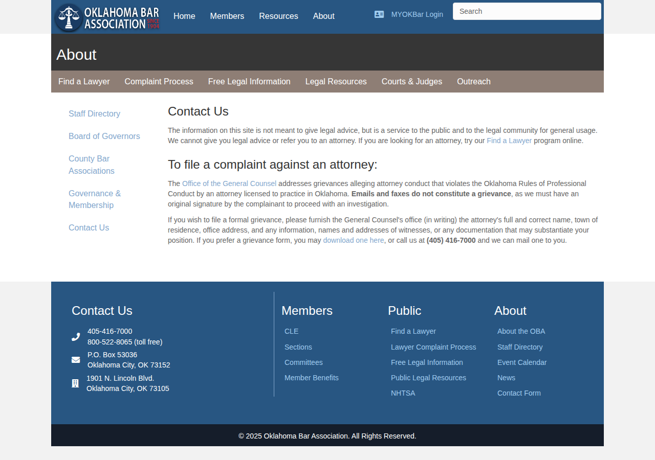 Screenshot of Contact Us - Oklahoma Bar Association
