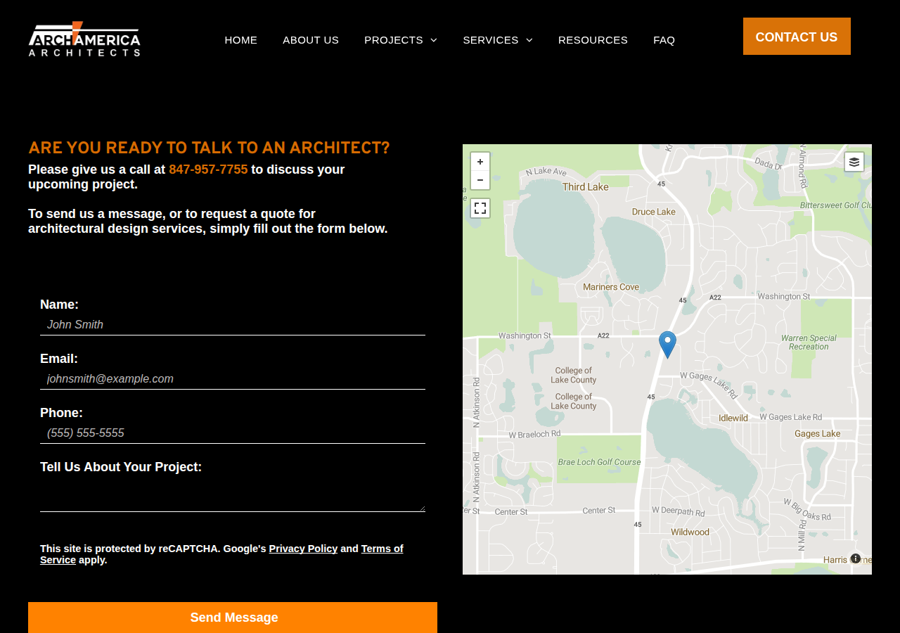 Screenshot of Contact | Archamerica | Commercial & Retail Architects