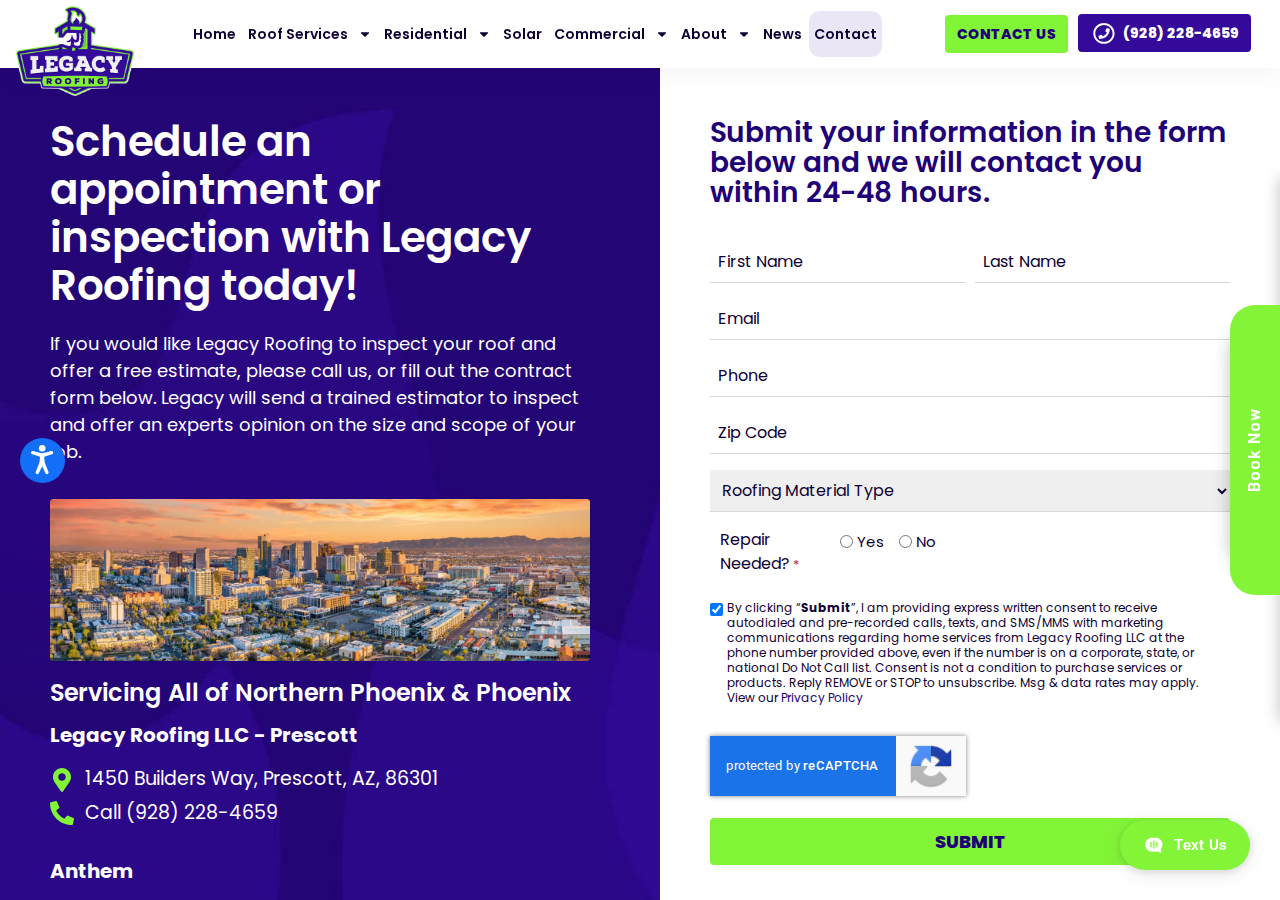 Screenshot of Contact Legacy Roofing Arizona: Expert Roof Services