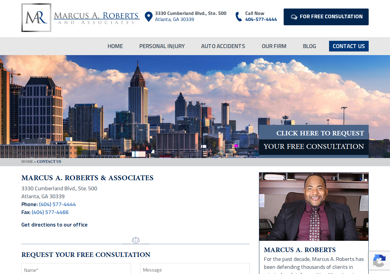 Screenshot of Contact Us – Personal injury attorney in Atlanta, Georgia | Marcus A. Roberts & Associates, LLC