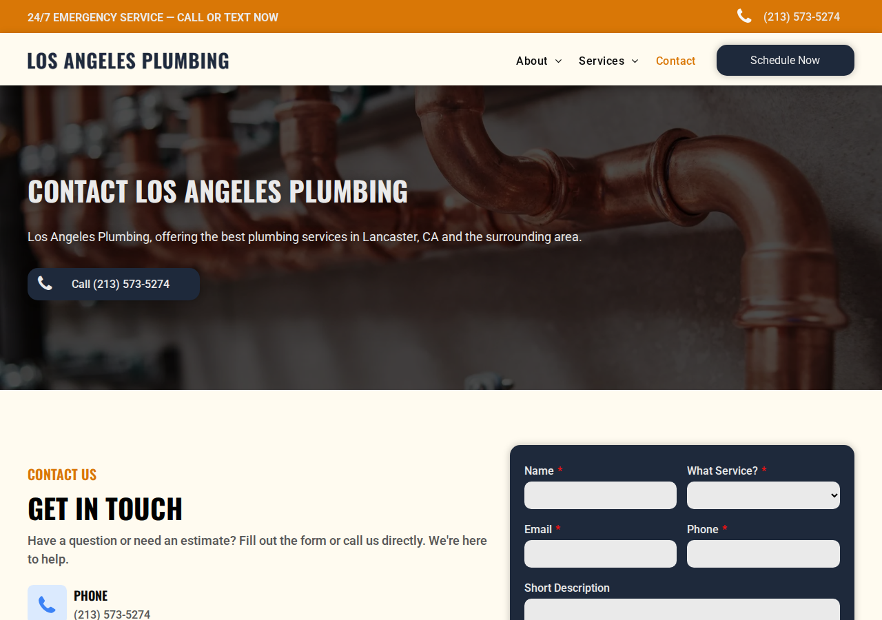 Screenshot of Contact | Los Angeles Plumbing | Lancaster, CA
  A black telephone handset icon on a white background.A simple black icon of a closed envelope, representing an email or message.A simple, black-outlined icon of an analog clock showing the time as 3:00.