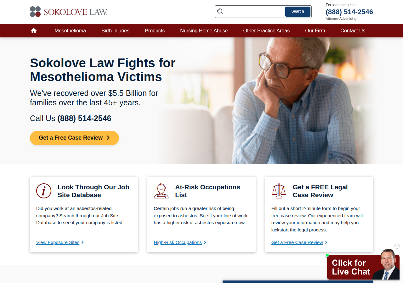 Screenshot of Sokolove Law | Asbestos & Mesothelioma Litigation
