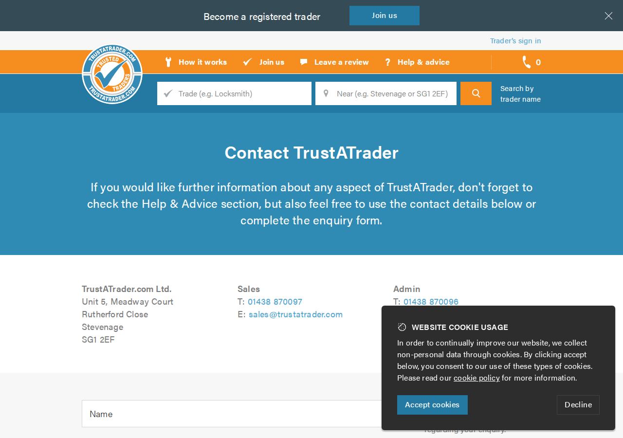 Screenshot of Contact the TrustATrader team by telephone, email or post | TrustATrader