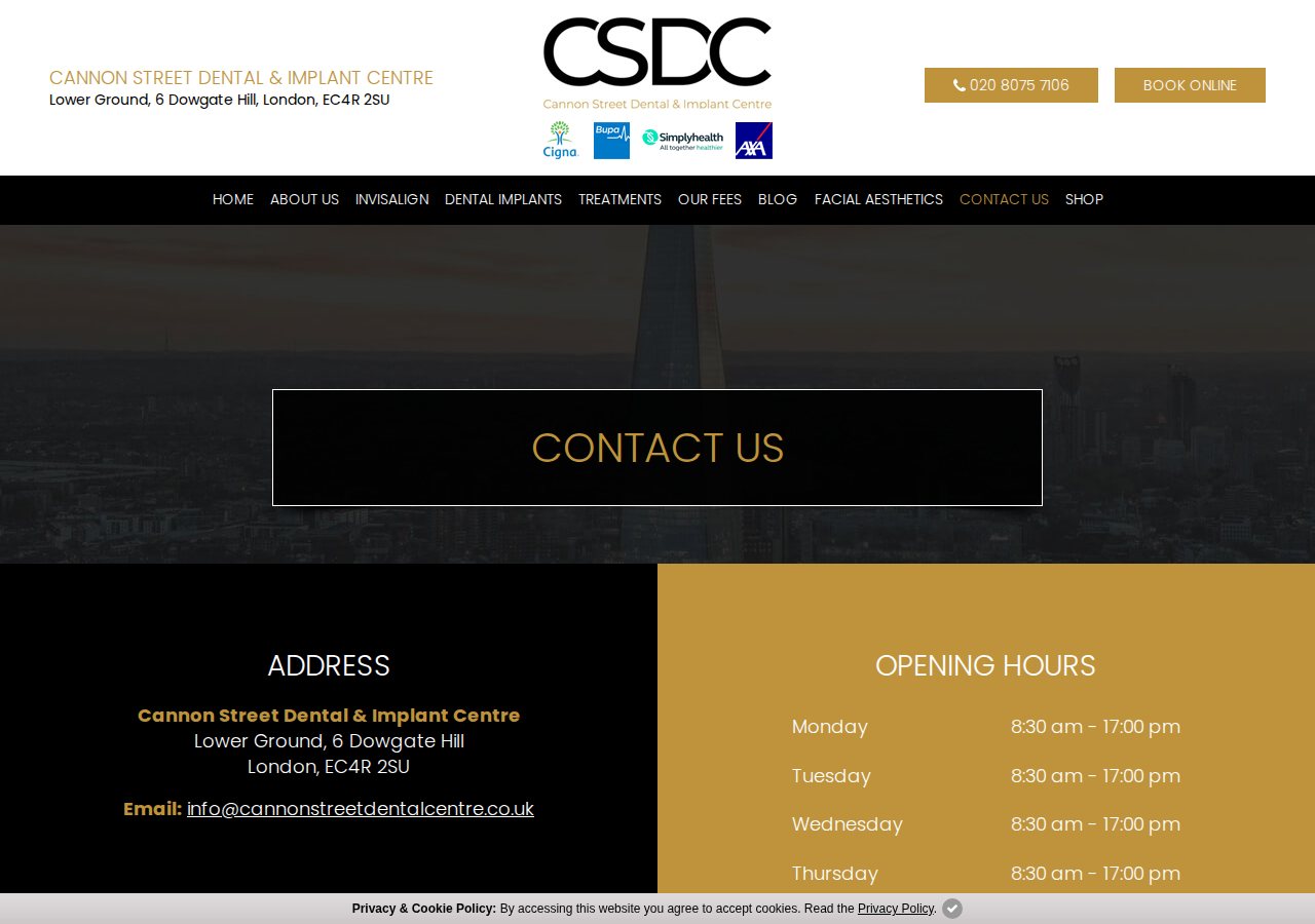 Screenshot of Contact Us | Cannon Street Dental & Implant Centre in Central London