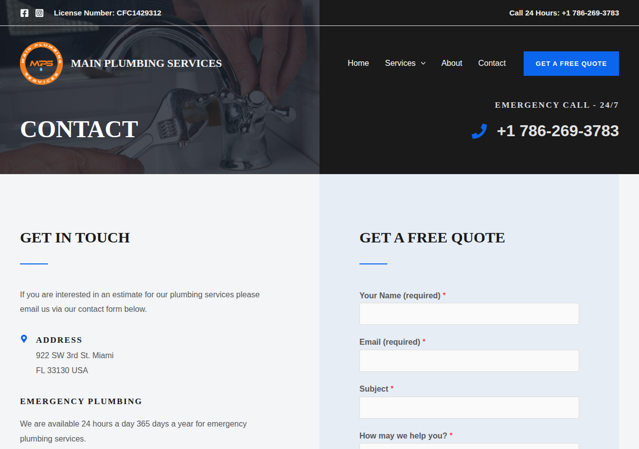 Screenshot of Contact Us | Main Plumbing Services | Miami, FL
