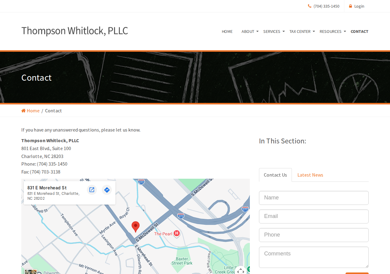 Screenshot of Charlotte, NC CPA Firm | Contact Page | Thompson Whitlock, PLLC