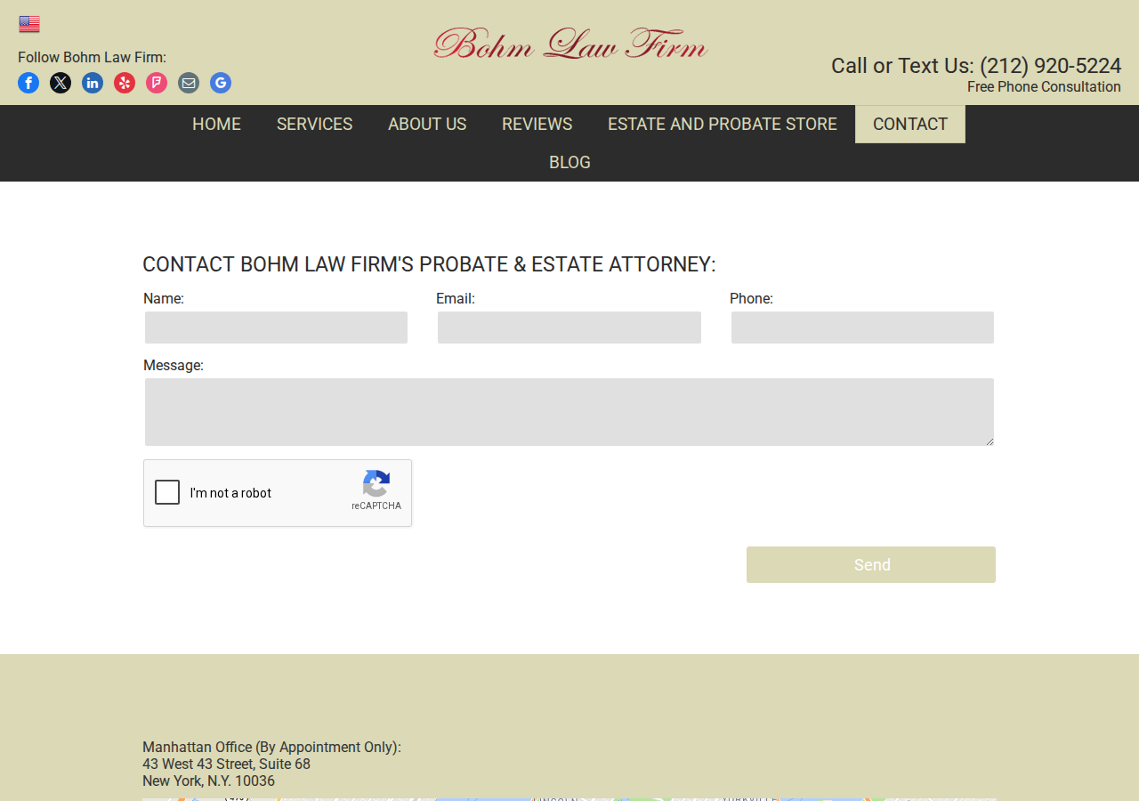 Screenshot of Contact Us | Bohm Law Firm | Brooklyn and Manhattan | NYC