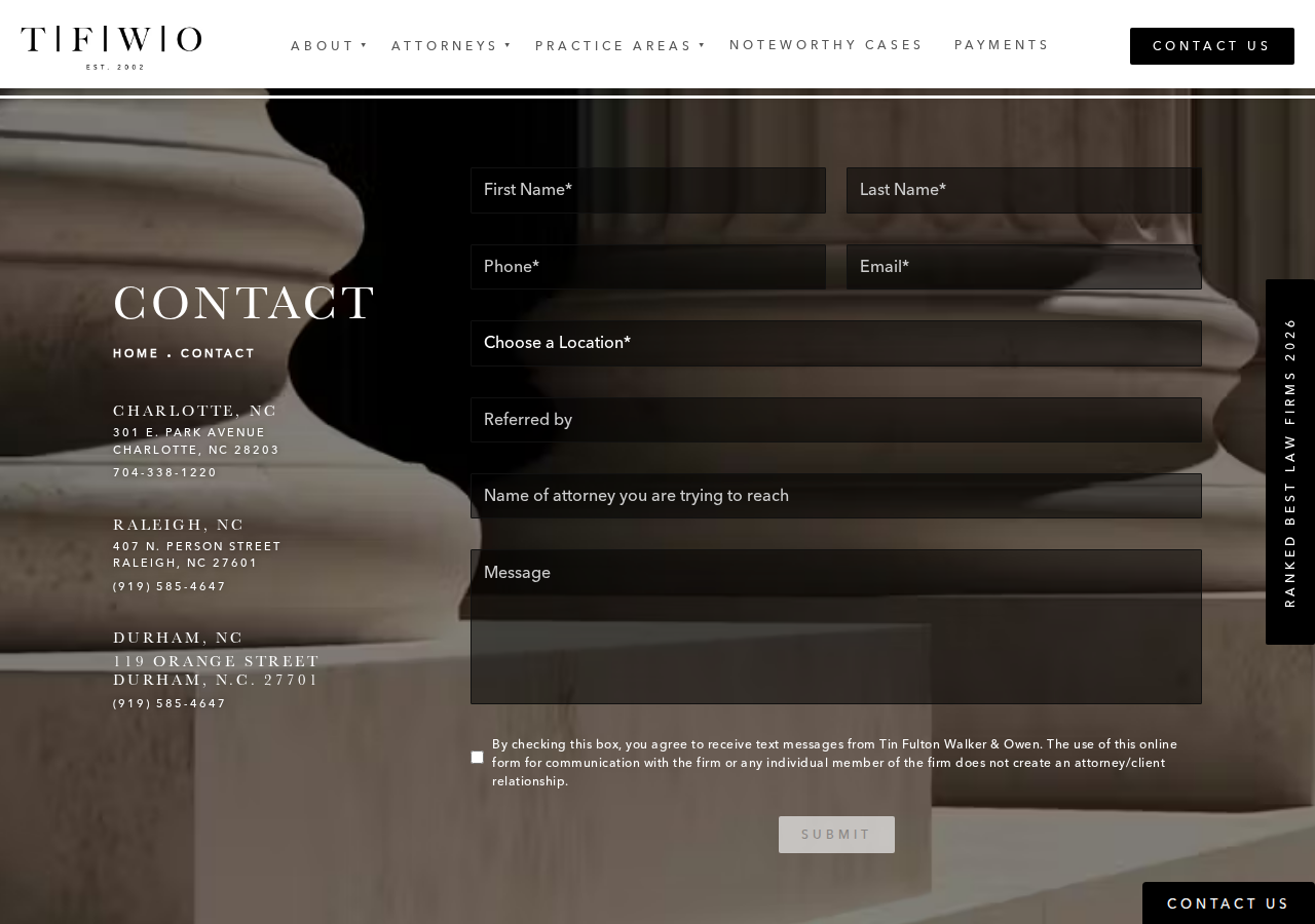 Screenshot of Contact Tin Fulton Walker & Owen here 704-338-1220 919 904-4539