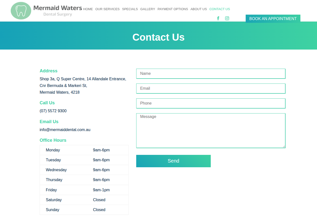 Screenshot of Contact Us | Mermaid Waters Dental Surgery