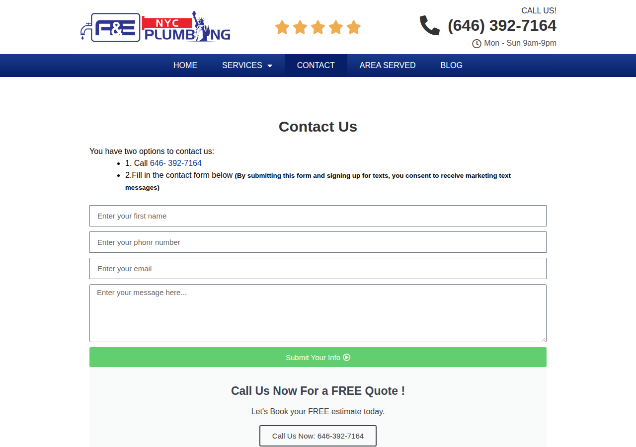 Screenshot of Contact - A&E NYC Plumbing
