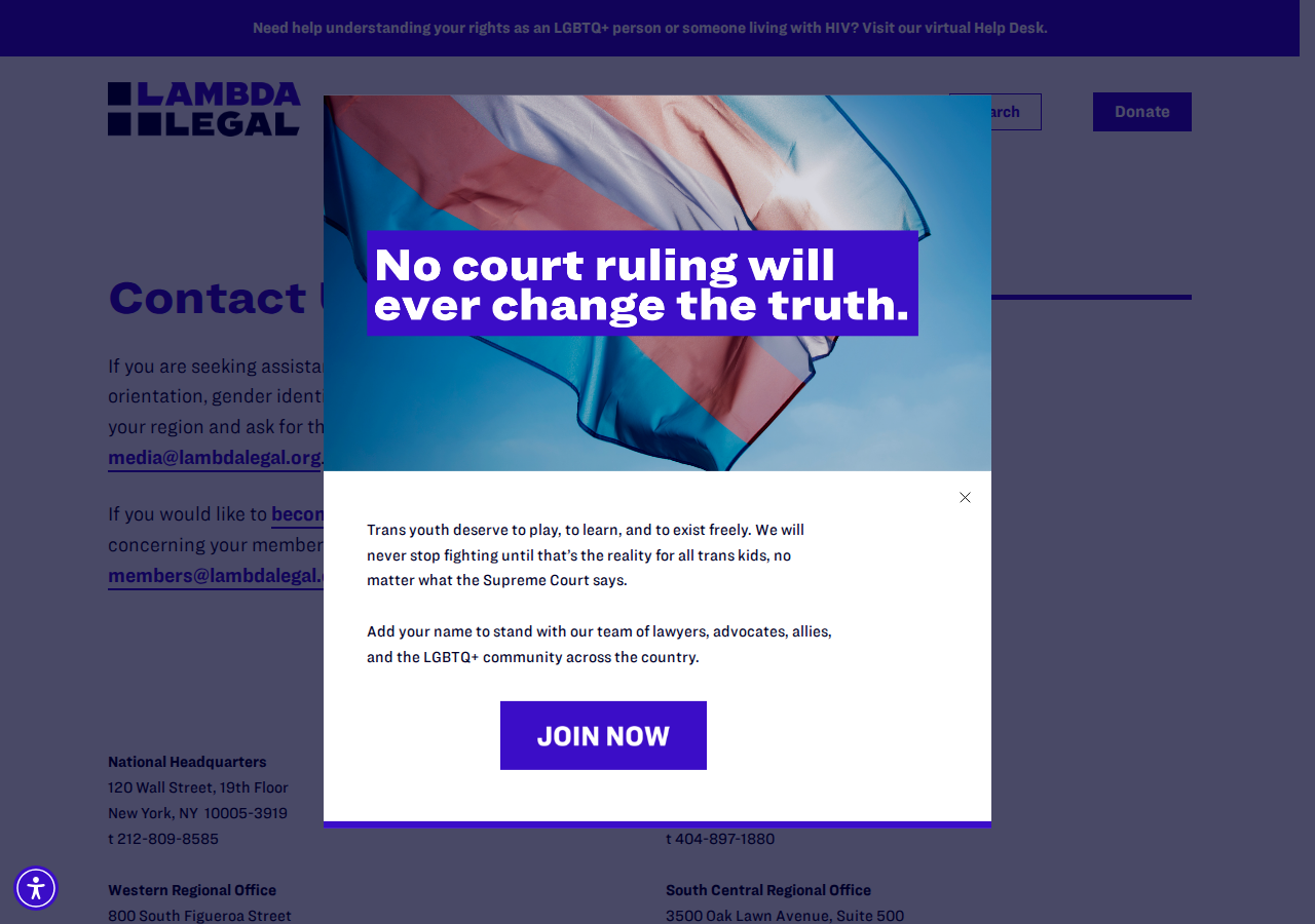 Screenshot of Contact Us - Lambda Legal