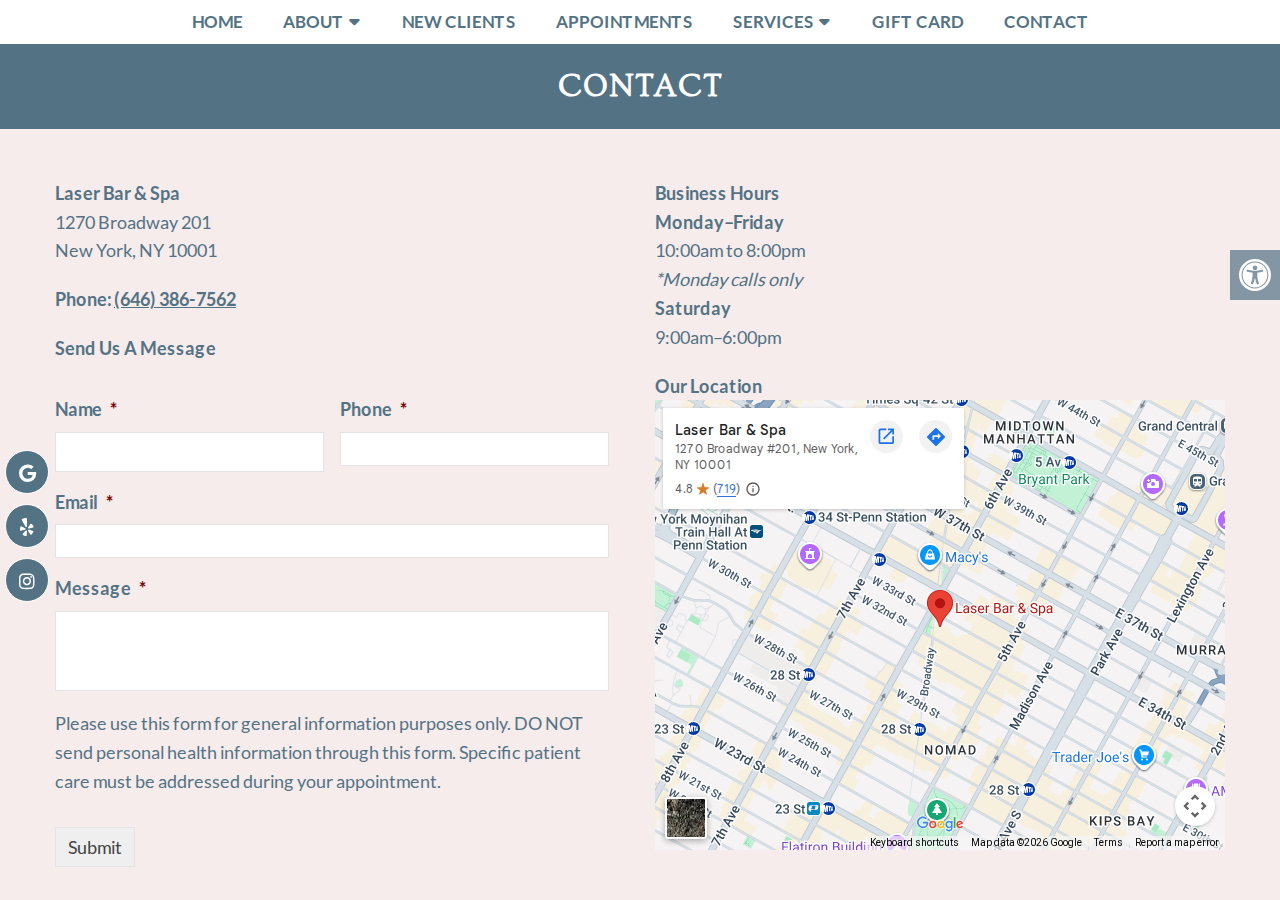 Screenshot of Med Spa Near Me - Contact Us | Laser Bar & SpaAccessibility ToolsIncrease TextDecrease TextGrayscaleLinks UnderlineReadable Font