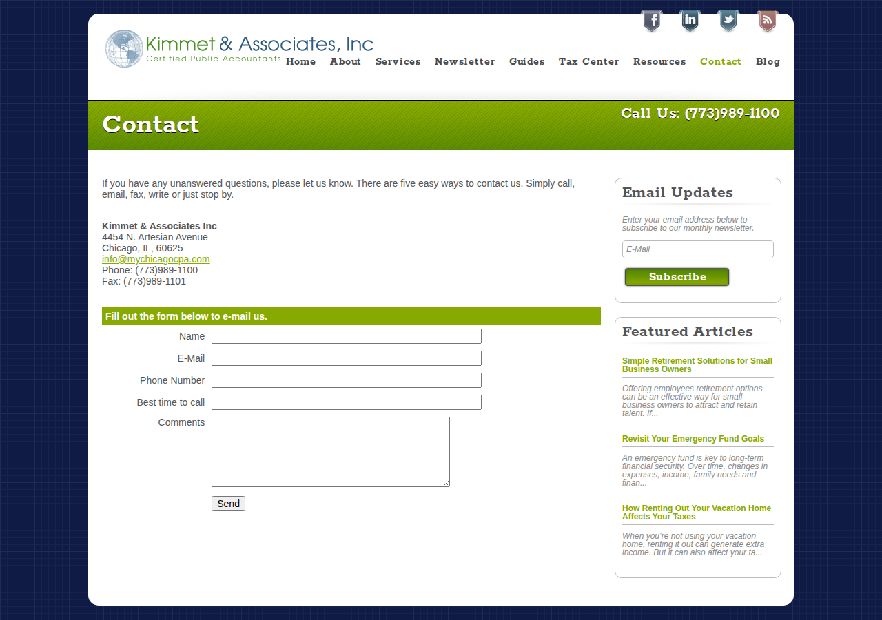 Screenshot of Chicago, IL Accounting Firm | Contact Page | Kimmet & Associates Inc