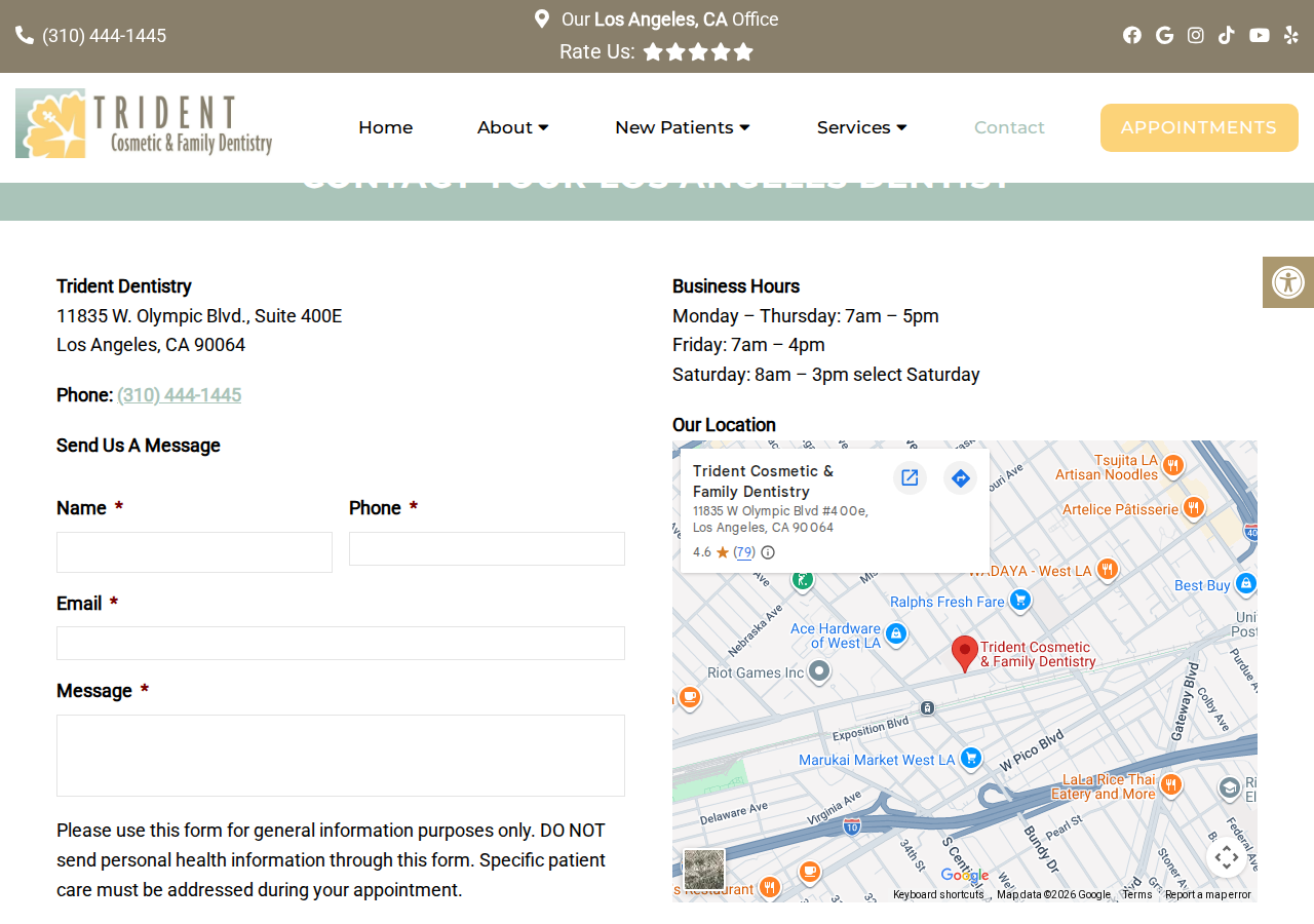 Screenshot of Contact Your Los Angeles DentistAccessibility ToolsIncrease TextDecrease TextGrayscaleLinks UnderlineReadable Font