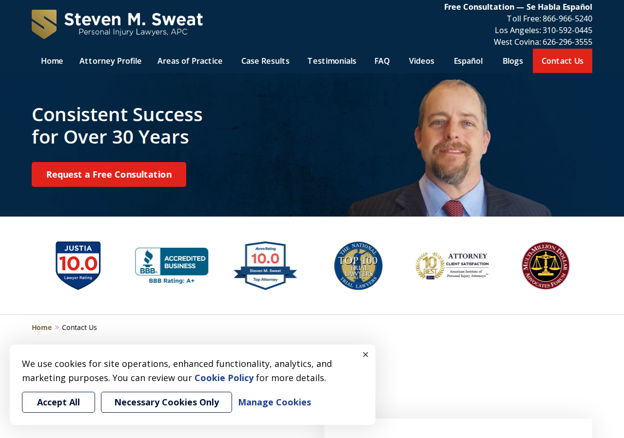 Screenshot of Contact Us | Los Angeles Personal Injury Lawyer Steven M. Sweat