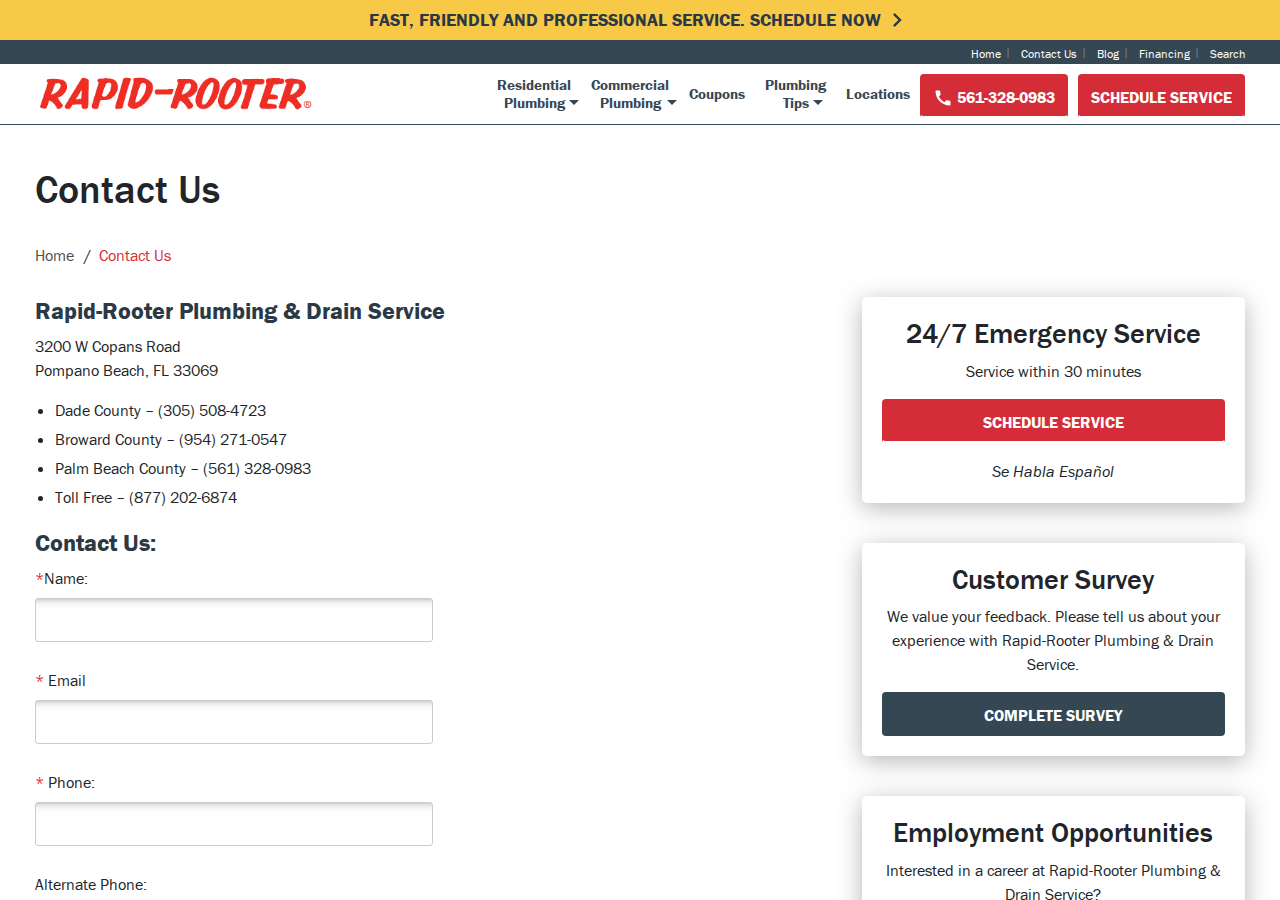 Screenshot of Contact Rapid-Rooter | Miami Plumber | Plumbing ExpertsMobile NavigationCloseCloseCloseCloseSearchglobal_scroll-topRapid-Rooter on YouTubeRapid-Rooter on FacebookRapid-Rooter on X