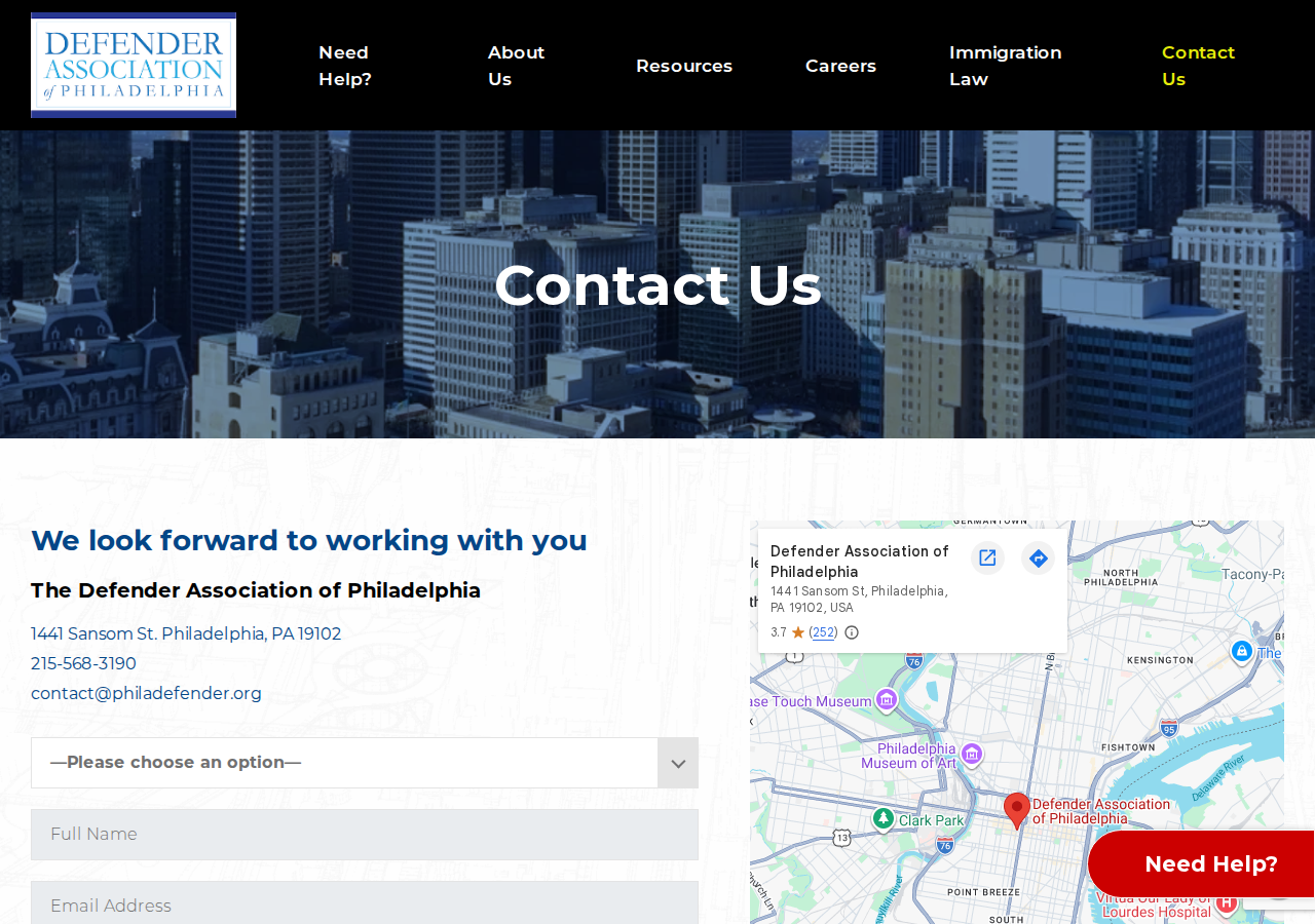 Screenshot of Contact Us - Defender Association of PhiladelphiaComments Box SVG icons