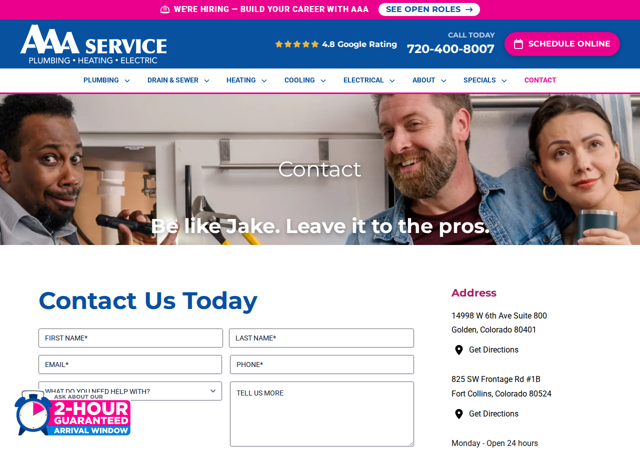 Screenshot of Contact Us | AAA Service Plumbing, Heating & Electric