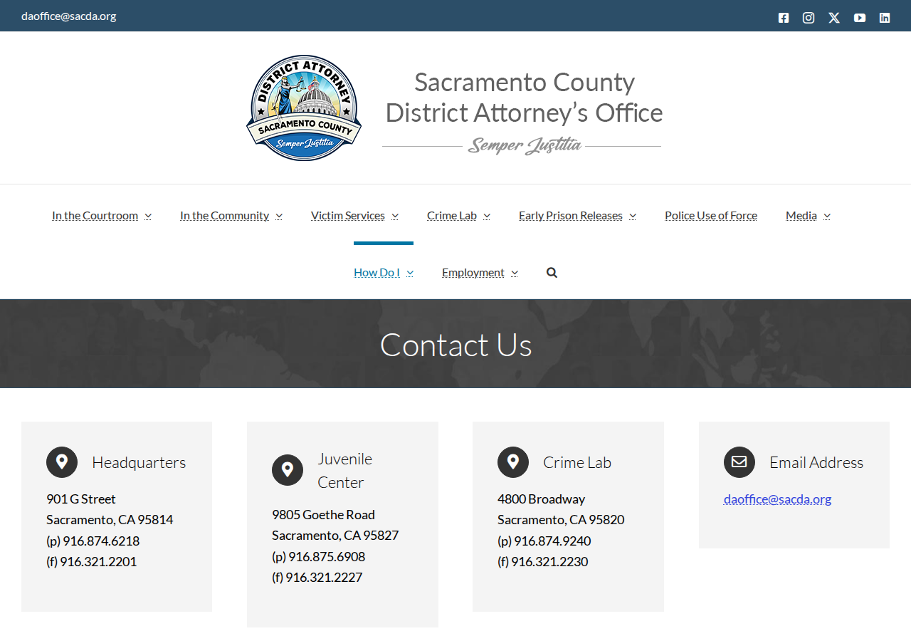 Screenshot of Contact Us – Sacramento County District Attorney's Office