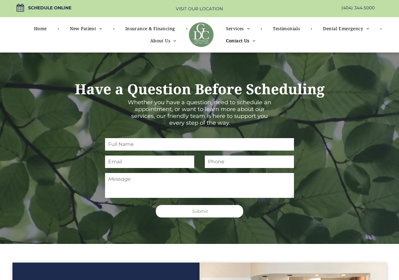 Screenshot of Contact Greenbriar Dental Care | We proudly serve patients in SW Atlanta
Black location pin.Clock icon showing the time is 7 o'clock.Phone icon with speech bubble.Envelope icon.