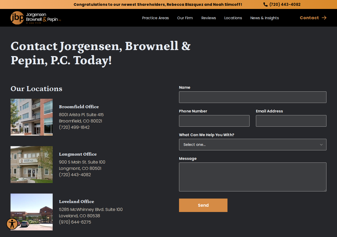Screenshot of Contact Us | Colorado Lawyers | JBP