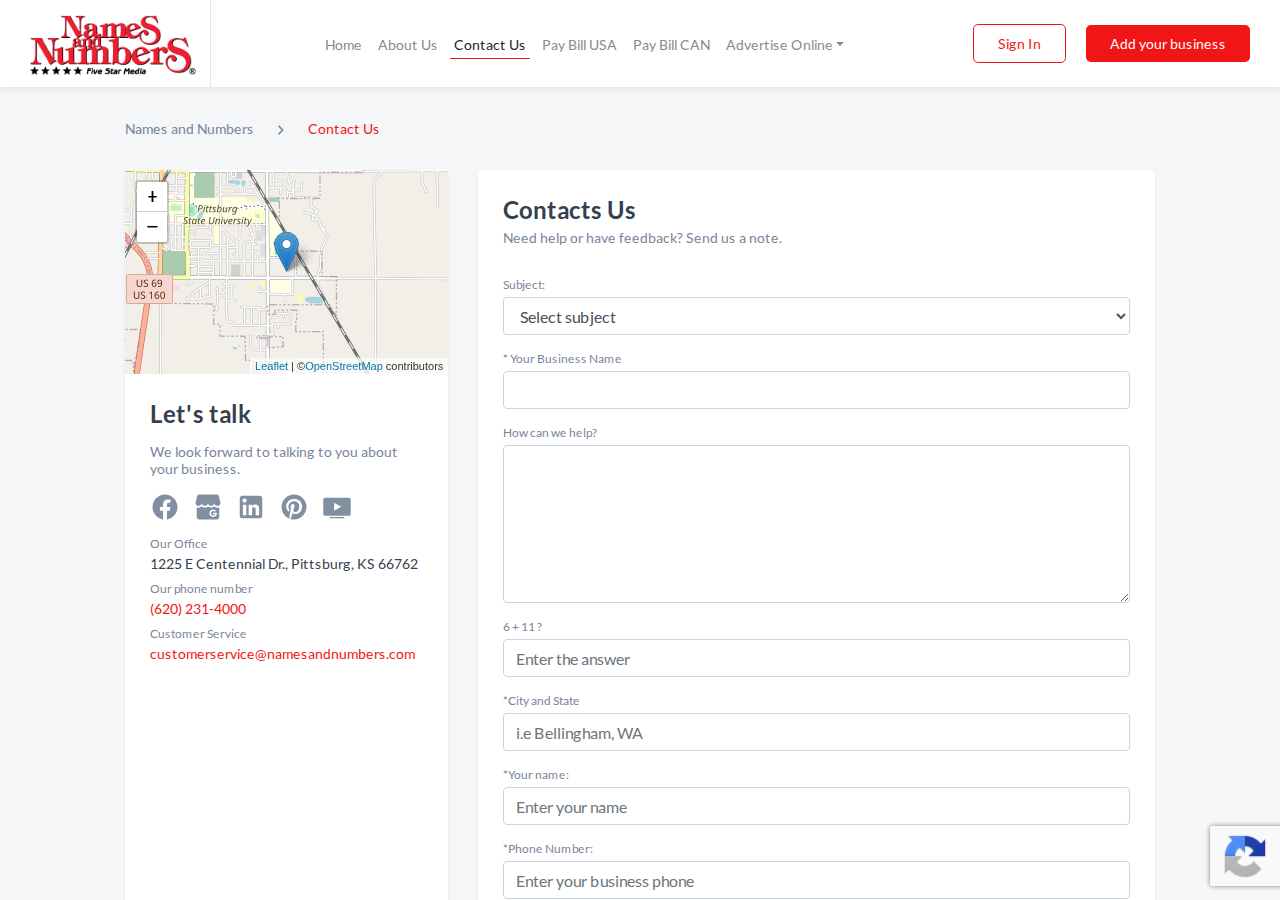 Screenshot of Contact Us - Names and Numbers