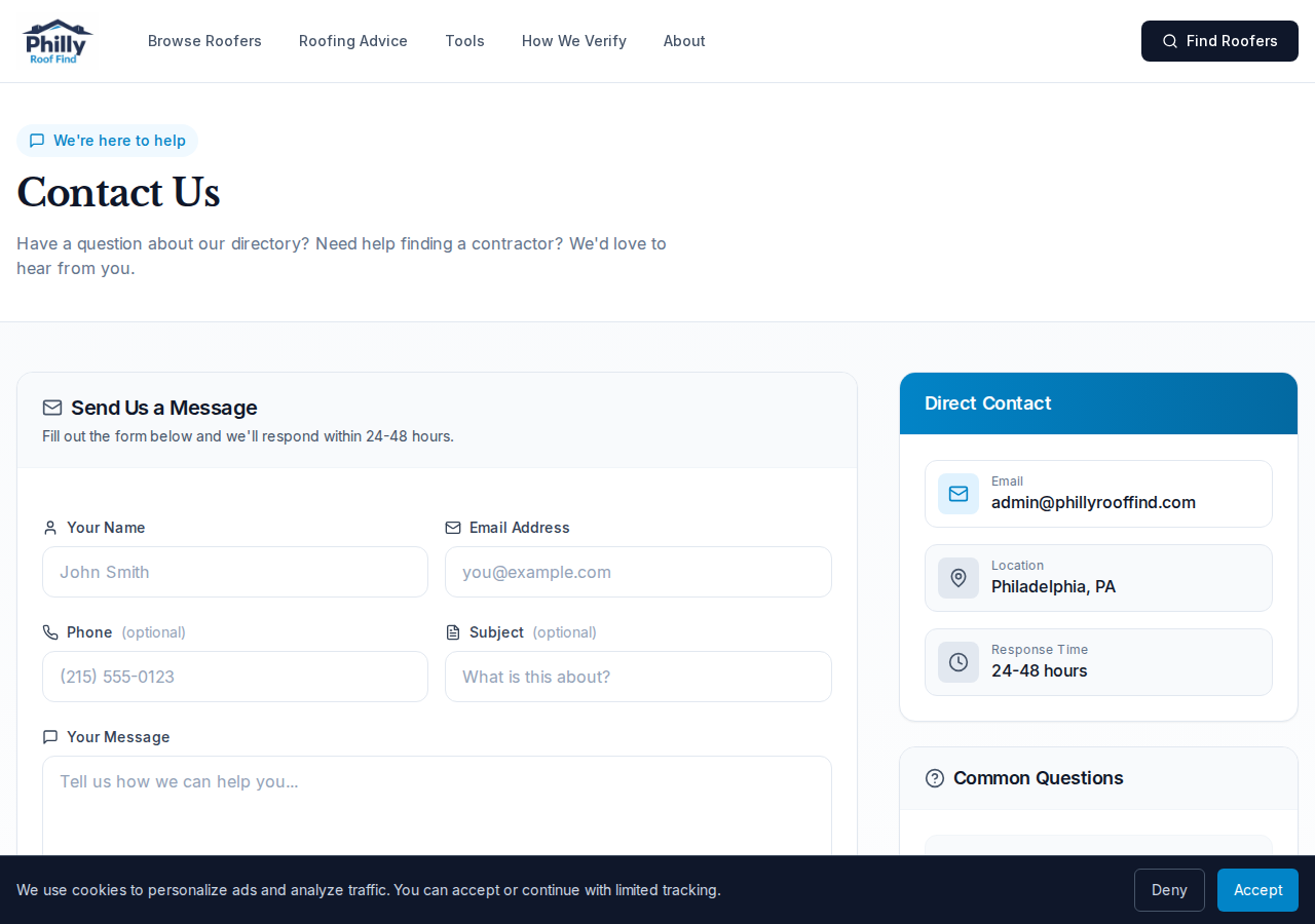 Screenshot of Contact Us | Philly Roof Find | Philly Roof Find