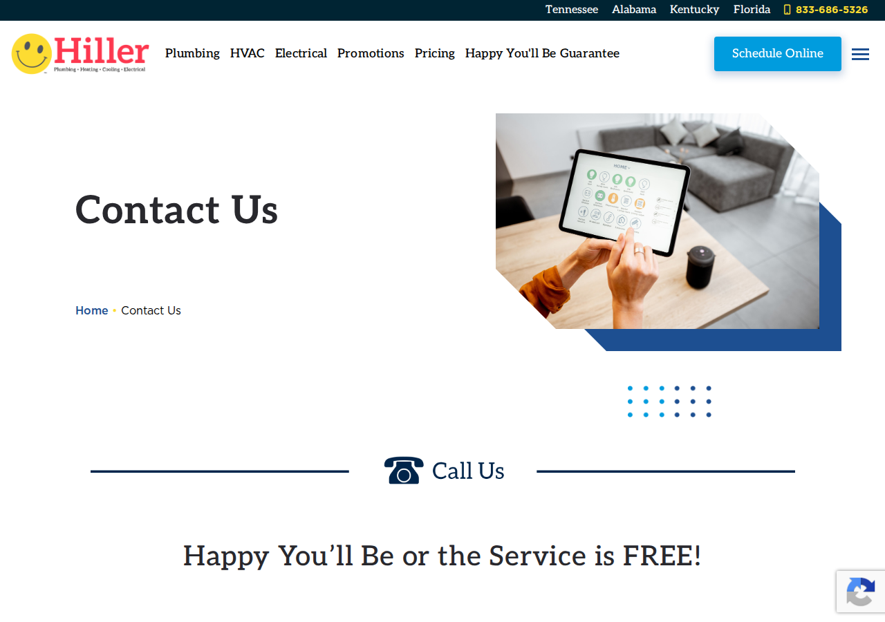 Screenshot of Contact Us | Plumbing, HVAC, Electrical Services | Hiller
