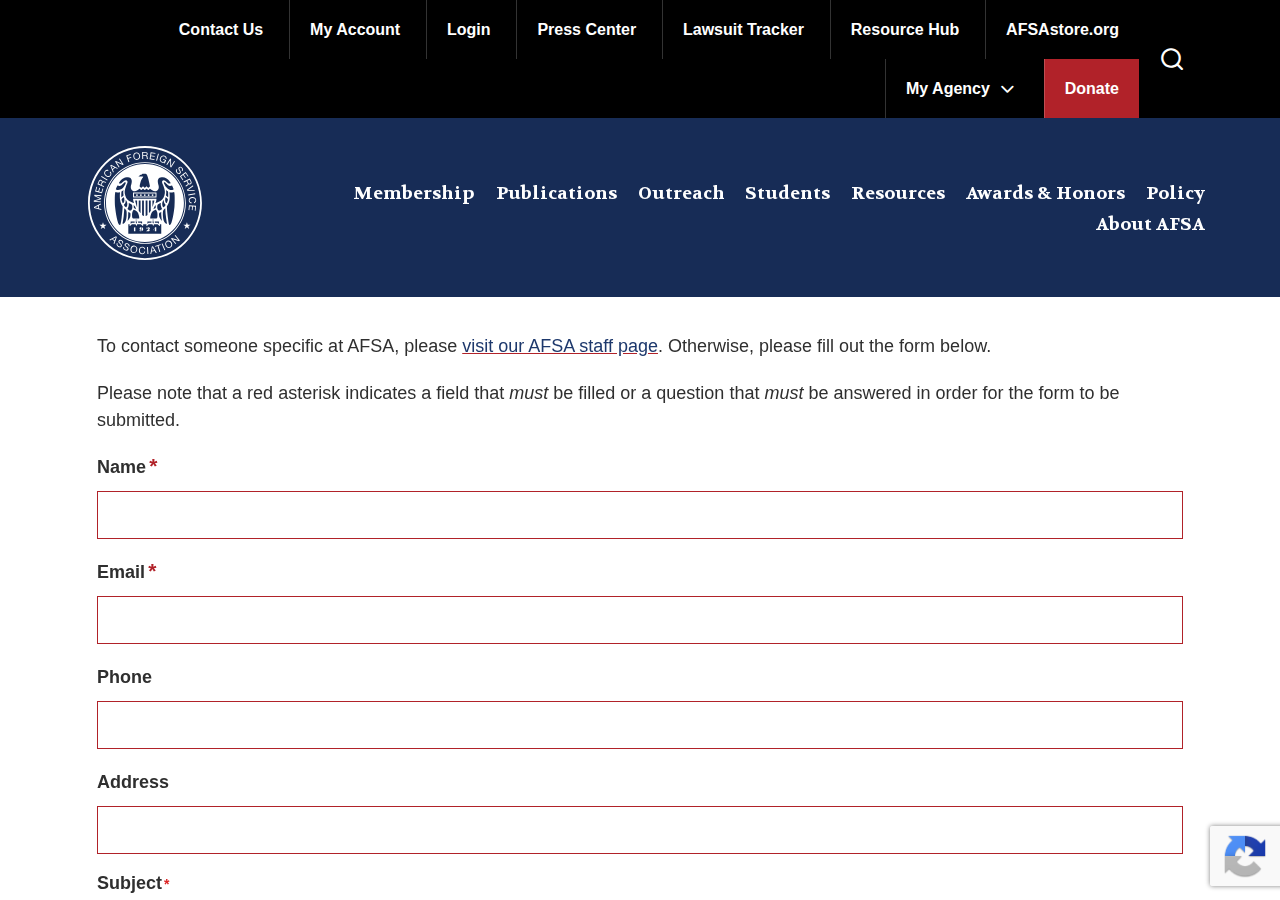Screenshot of Contact Us | American Foreign Service Association