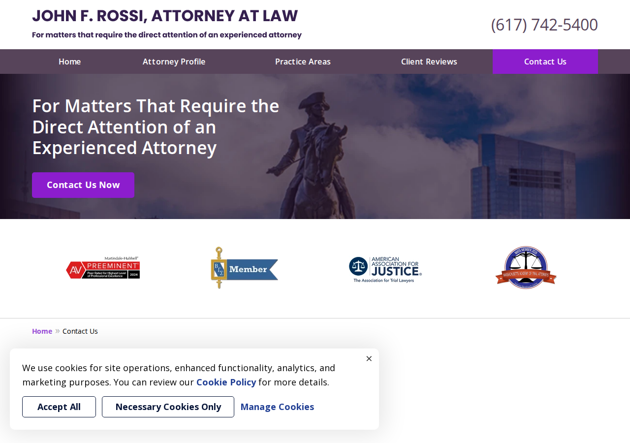 Screenshot of Contact Us | Boston Employment Lawyer John F. Rossi, Attorney at Law