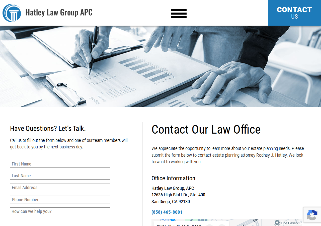 Screenshot of Contact Us - Hatley Law Group, APC