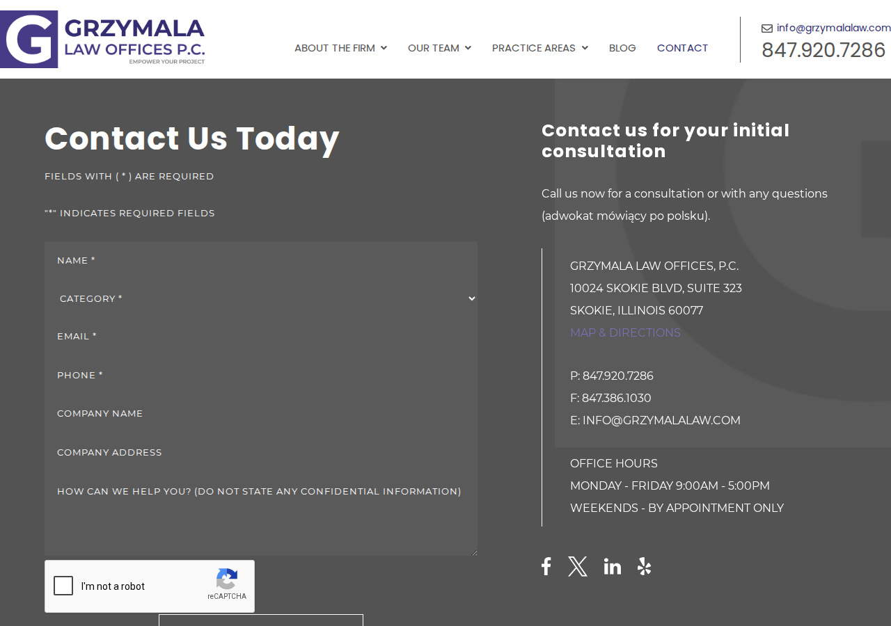 Screenshot of Contact - Grzymala Law Offices, P.C.