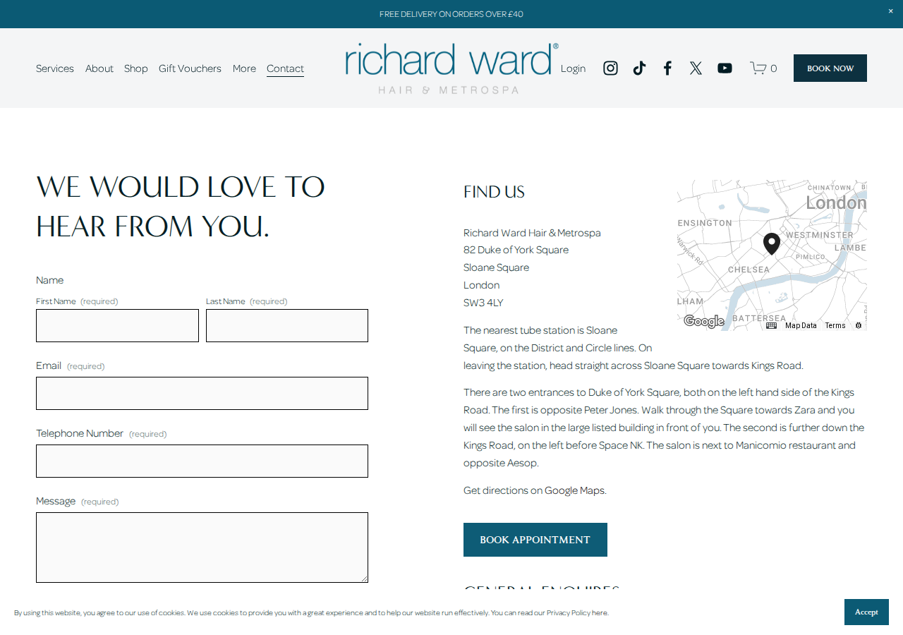 Screenshot of Get in Touch — Richard Ward Hair & Metrospa