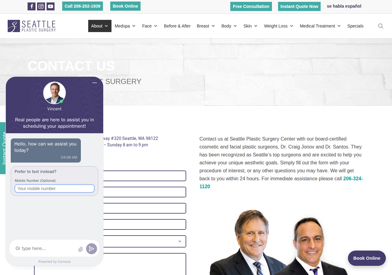 Screenshot of Contact Seattle Plastic Surgery - Dr. Craig Jonov - Dr. David Santos