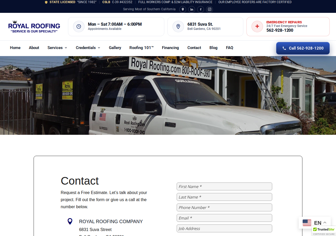 Screenshot of Contact Royal Roofing - Free Estimates in Anaheim & LA