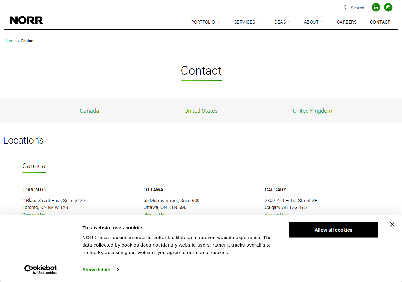 Screenshot of Contact NORR | Architecture, Engineering & Interior Design Firmlinkedininstagramlinkedininstagram