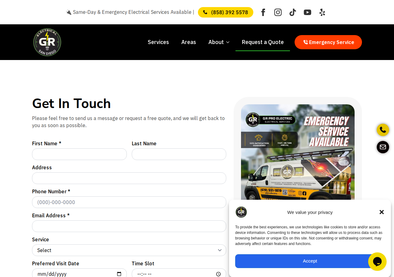 Screenshot of Contact - Electrician in San Diego | GR Pro Electric Inc