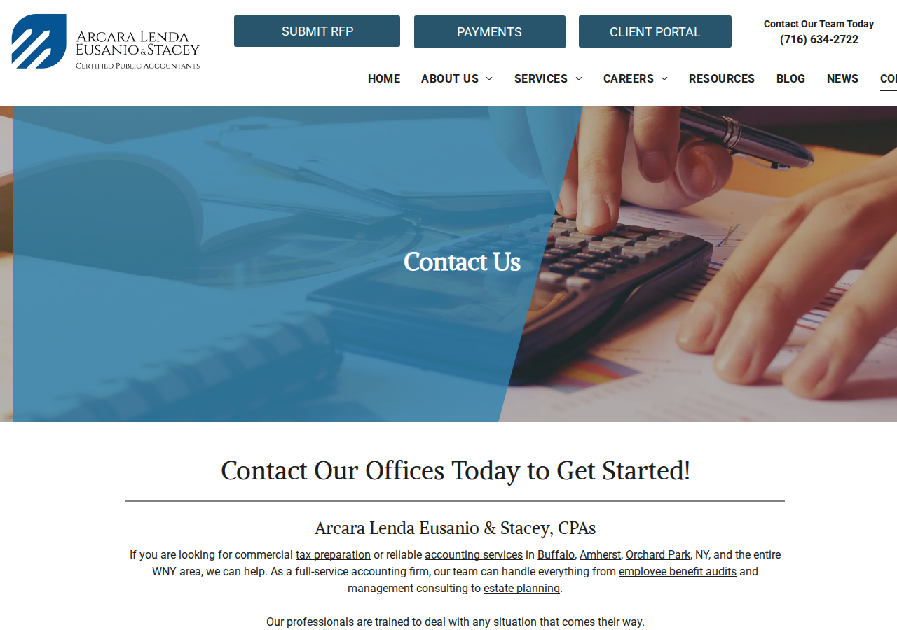 Screenshot of Contact Us | Arcara Lenda Eusanio & Stacey, CPAs | Buffalo, NY