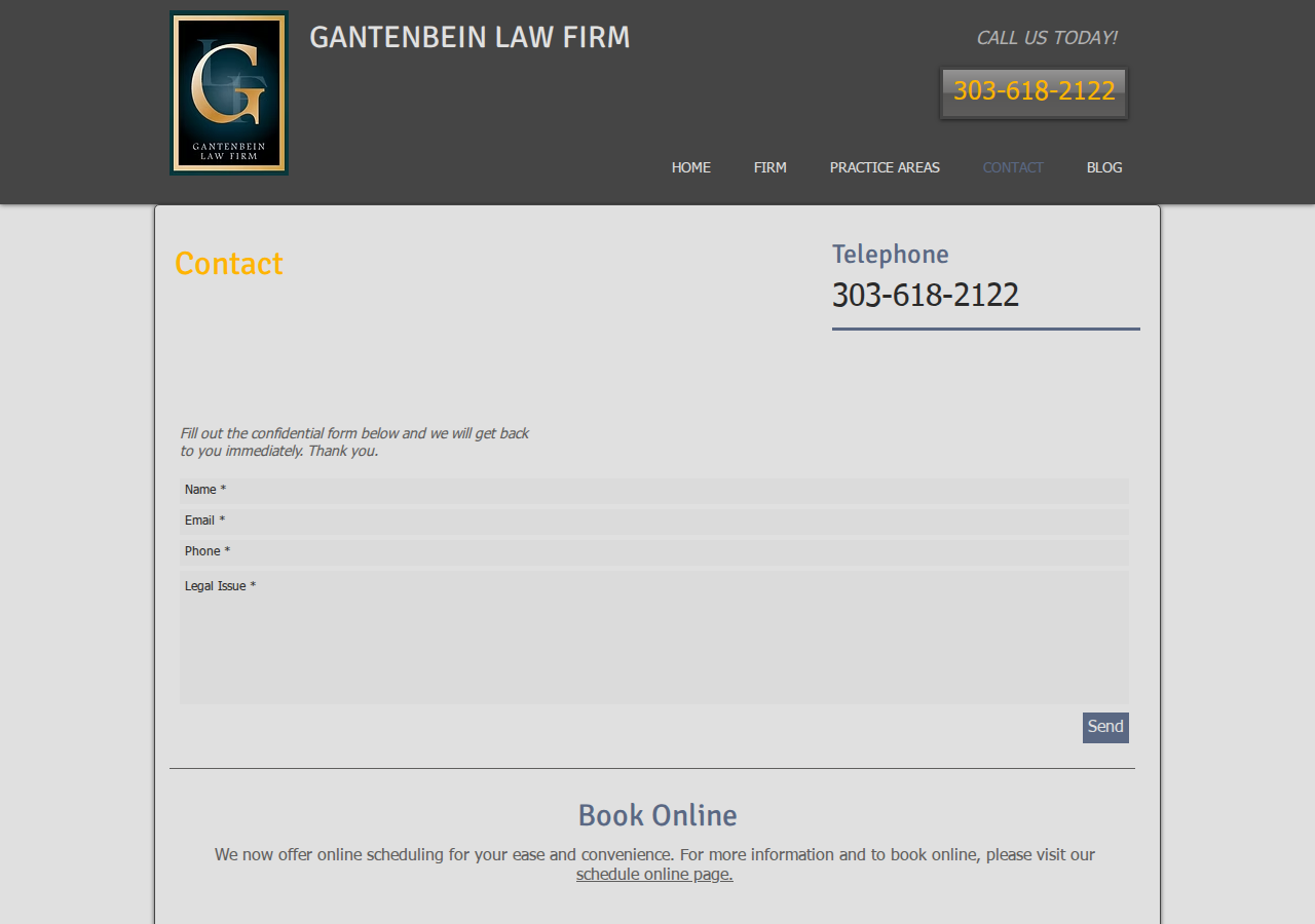 Screenshot of Gantenbein Law Firm | Contact | 303-618-2122