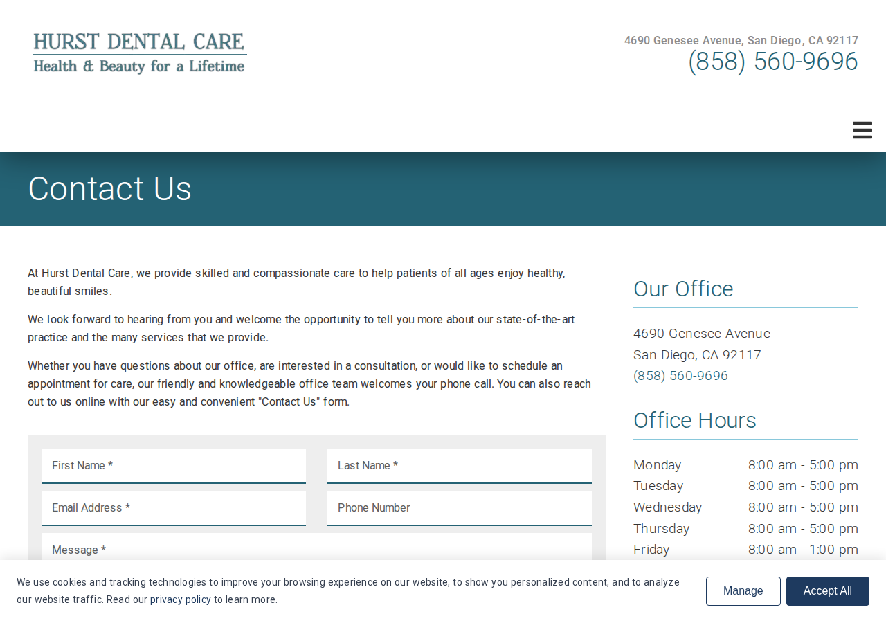 Screenshot of Contact Hurst Dental Care | San Diego Dentist | Schedule Your Appointment