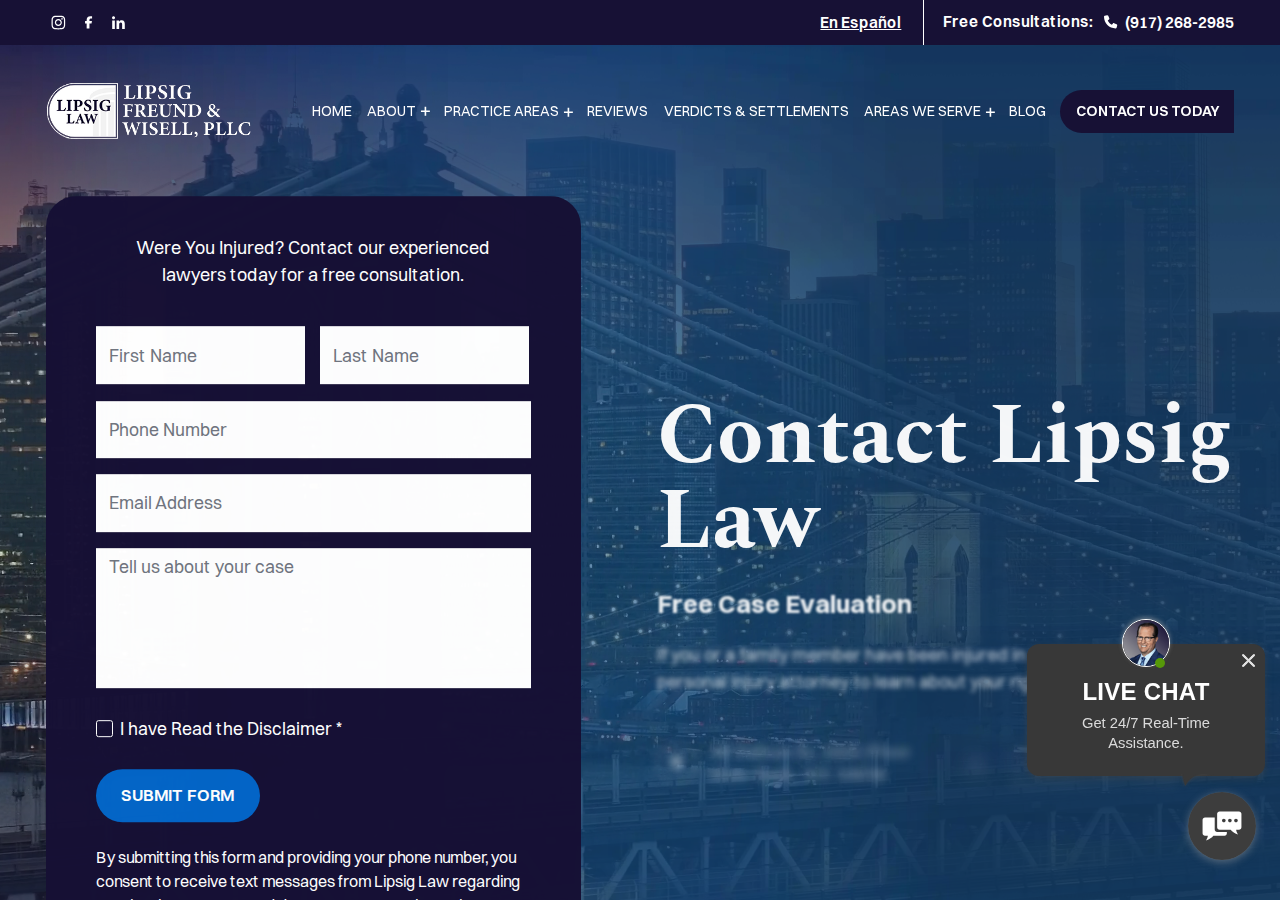 Screenshot of Contact Lipsig Law | NYC Personal Injury Attorneys